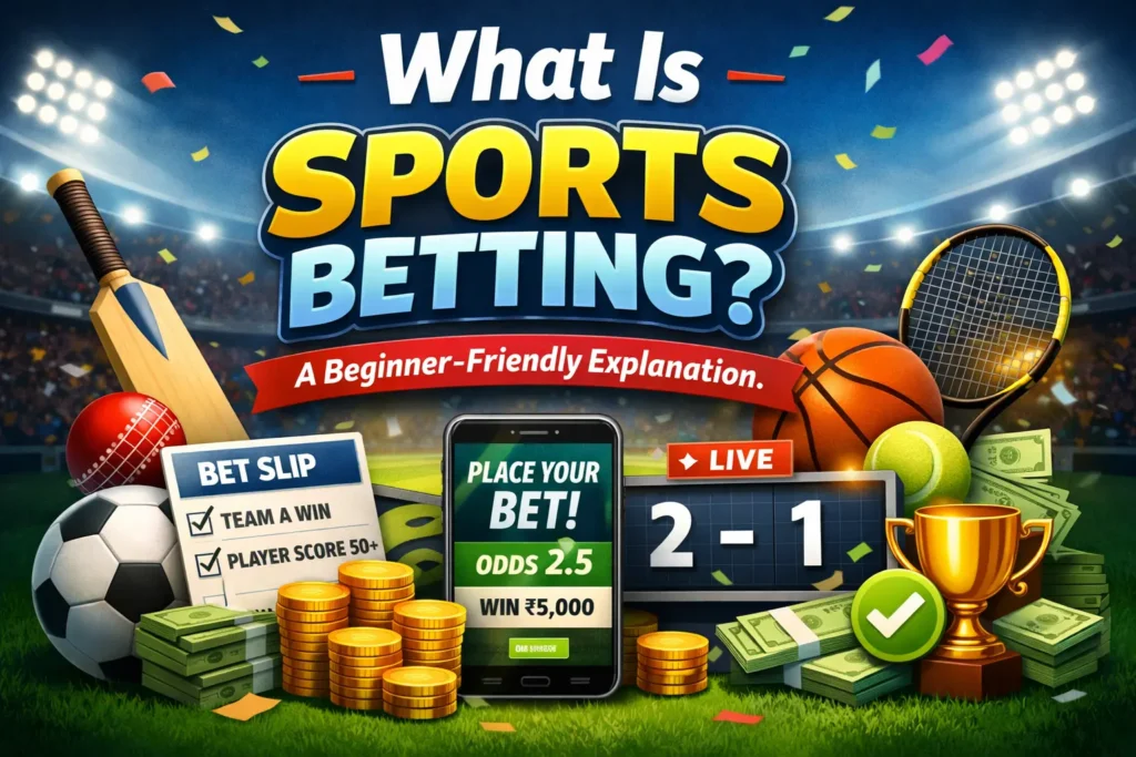 Illustration explaining what sports betting is with icons like cricket bat, football, tennis racket, bet slip, and mobile betting screen.