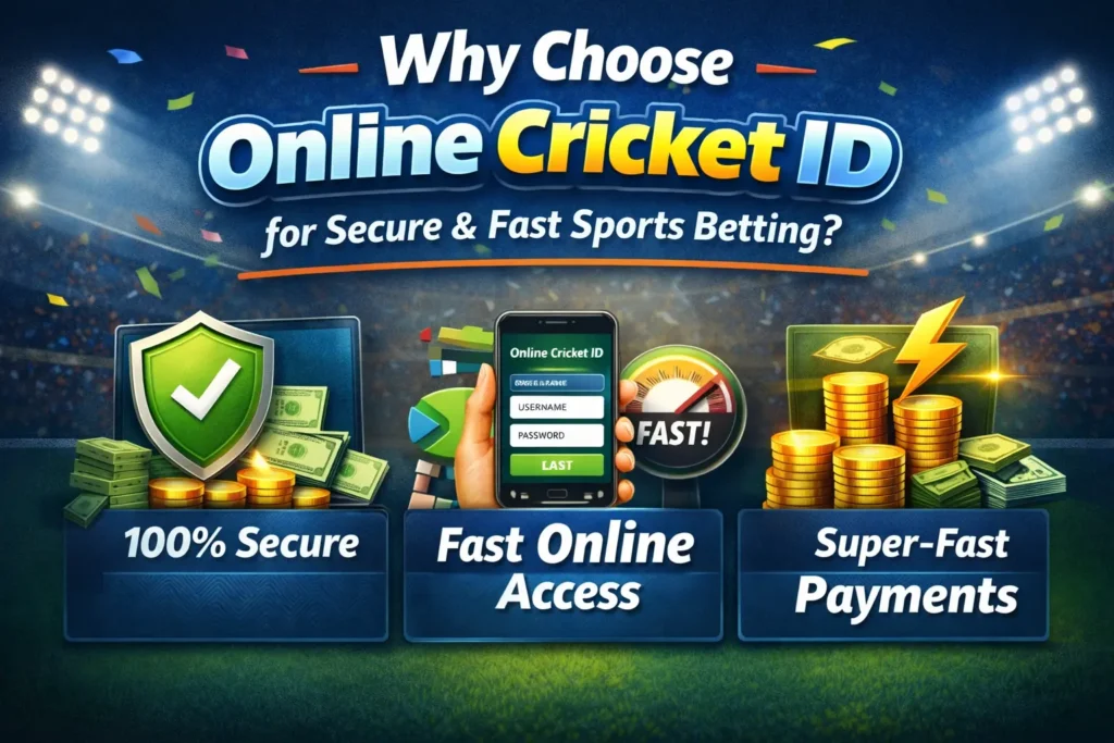 Graphic showing Online Cricket ID’s main benefits including security shield, fast login access, and quick payment icons.