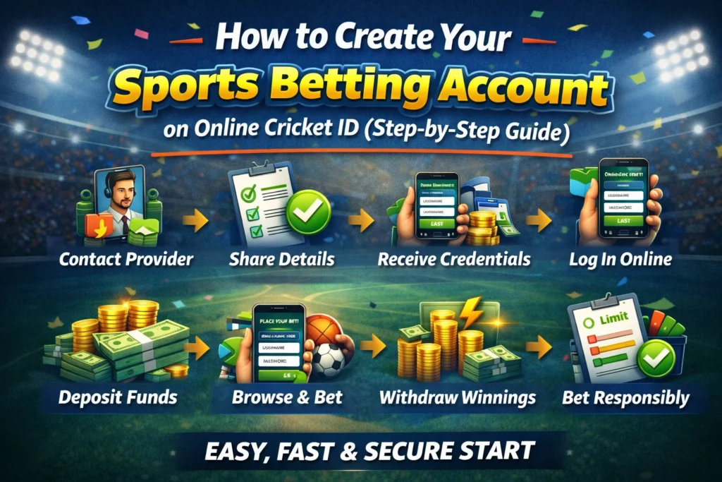 Step-by-step visual showing the process of creating a sports betting account including contacting provider, sharing details, depositing funds, and placing bets.