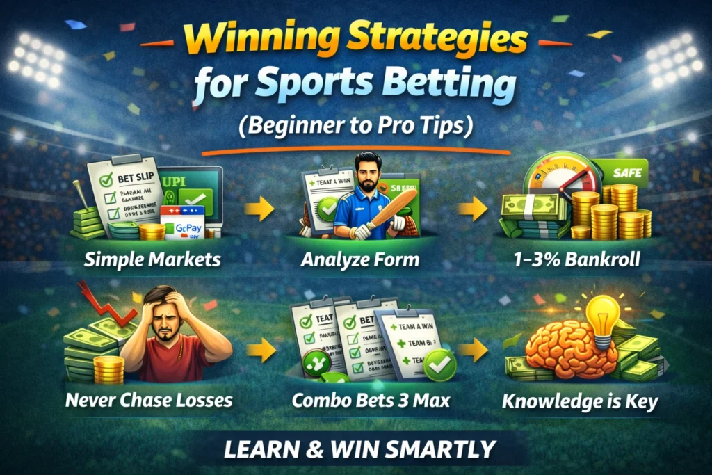 Graphic showing effective sports betting strategies such as simple markets, analyzing form, bankroll management, combo bets, and avoiding losses.