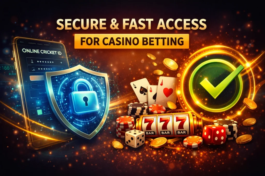 Illustration showing online security shield, mobile login screen, green tick mark, casino chips, cards, dice, and slot machine representing secure and fast casino betting access.