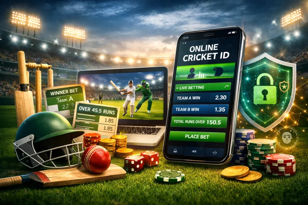 Online Cricket ID interface with cricket gear and secure betting dashboard for safe betting games.