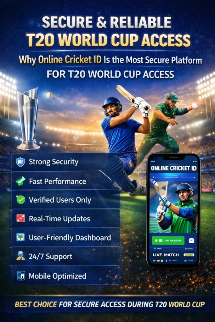 Online Cricket ID security features showcased with T20 World Cup graphics including safe login, fast performance, and real-time updates.