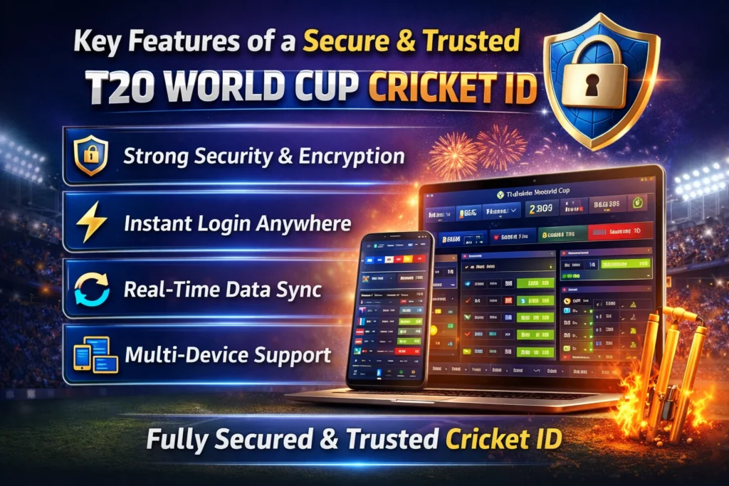 Graphic showing security shield, real-time data sync, instant login, and multi-device support for T20 World Cup Cricket ID.