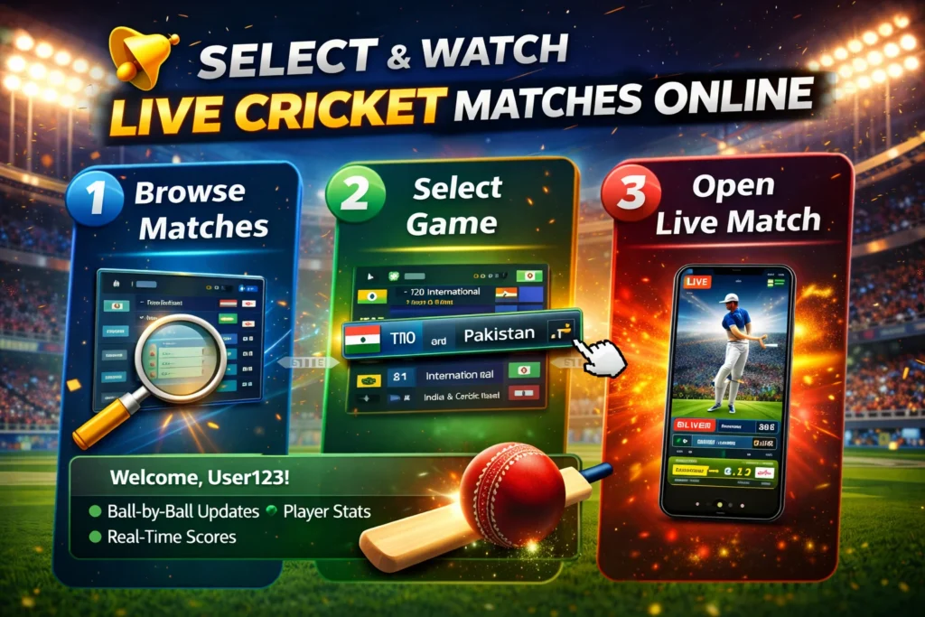 Dashboard interface showing how to select and watch Live Cricket Online matches with real-time scores and player stats.