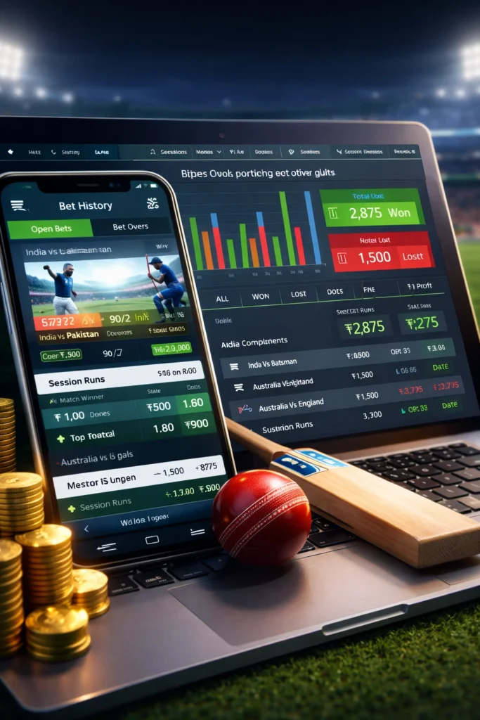 Sport Betting ID cricket platform dashboard showing betting history, wallet balance, and live betting markets