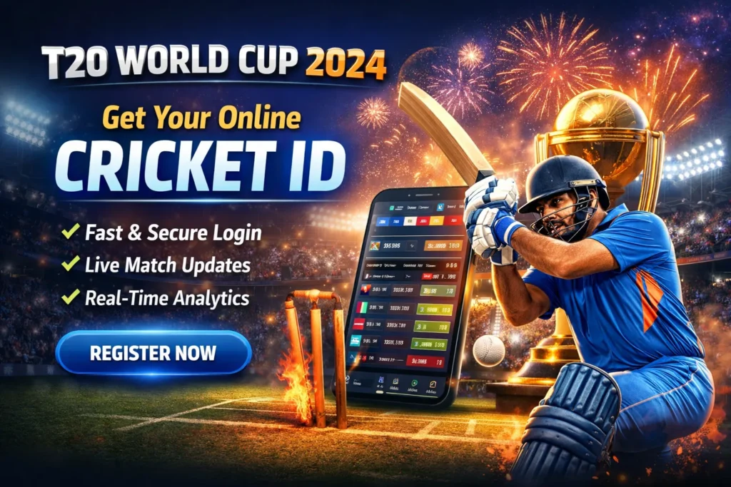 Cricket player with mobile dashboard promoting fast and secure T20 World Cup Cricket ID access.