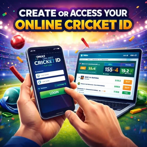 User accessing ONLINE CRICKET ID on smartphone and laptop to follow T20 World Cup Live scores and match insights