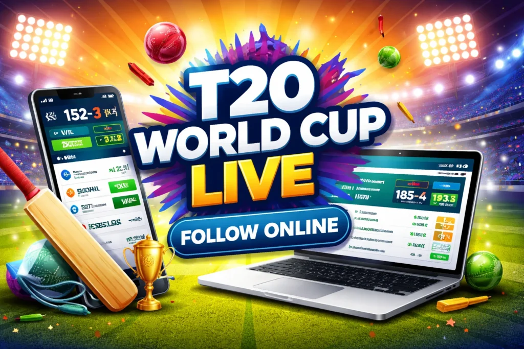 T20 World Cup Live updates banner showing online cricket scores, laptop and smartphone dashboard with real-time match action