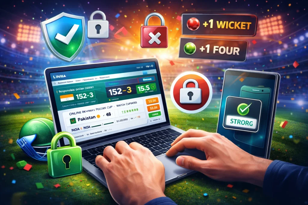 Laptop showing secure ONLINE CRICKET ID login with shield and lock icons during T20 World Cup Live updates