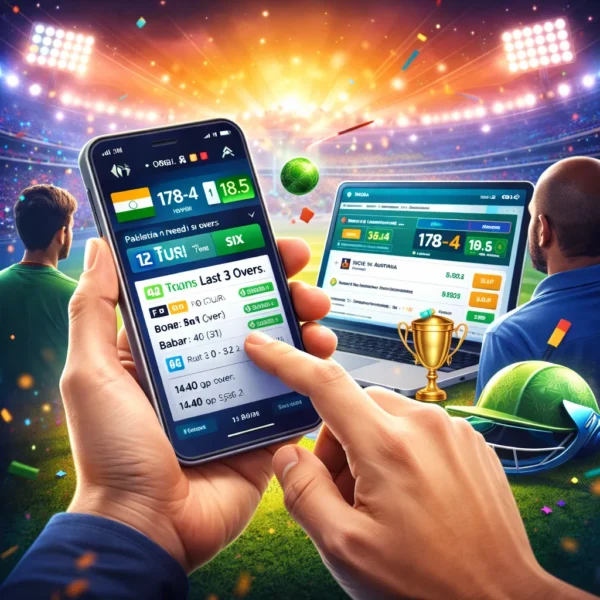 Smartphone displaying live cricket score updates during T20 World Cup Live match with stadium background