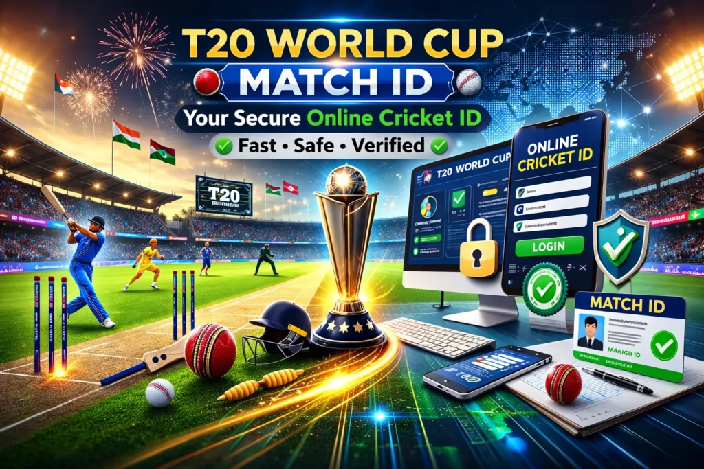 T20 World Cup Match ID secure online cricket ID platform dashboard with cricket stadium background and digital login interface