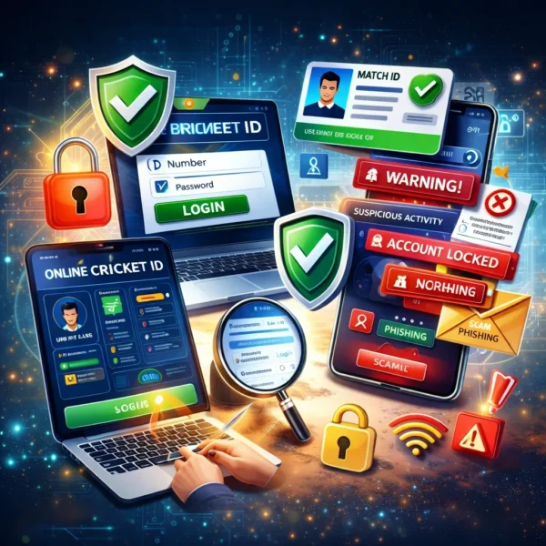 Safety tips for protecting T20 World Cup Match ID including secure login warning alerts phishing protection and account safety icons