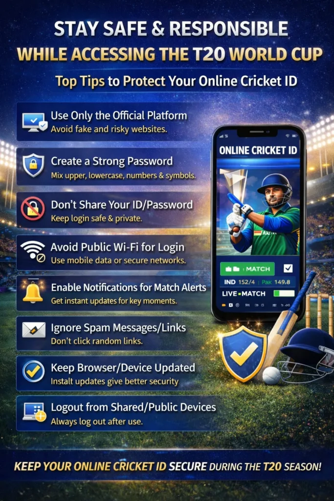 Safety tips for accessing T20 World Cup online using Online Cricket ID with icons showing secure login, password tips, and verified platform safety.