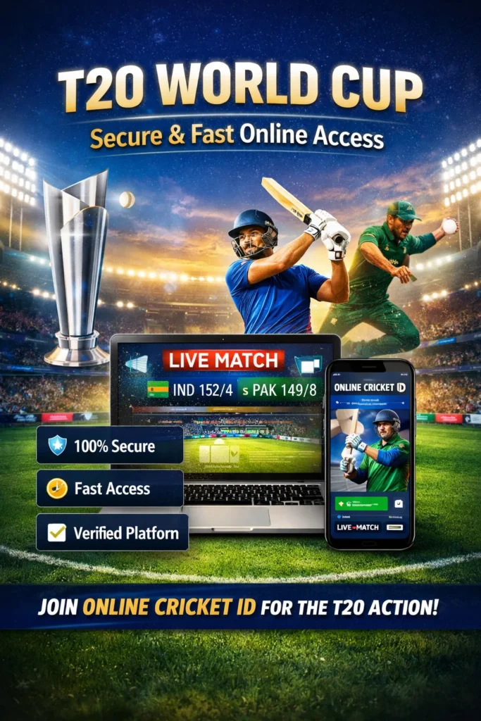 T20 World Cup secure fast online access with Online Cricket ID platform showing live match score and verified safe features.