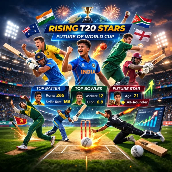 Top players from different T20 World Cup Team squads including batters, bowlers and all-rounders highlighted in a stadium background