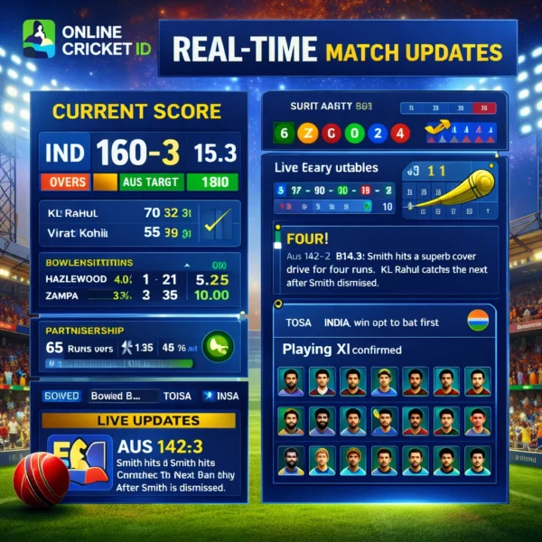 Online Cricket ID interface showing T20 World Cup Team squad updates, live scorecard, player stats and match analysis