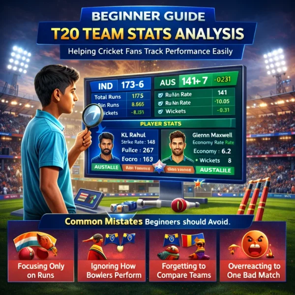 Beginner-friendly infographic explaining T20 World Cup Team statistics, player performance metrics and match comparison tips