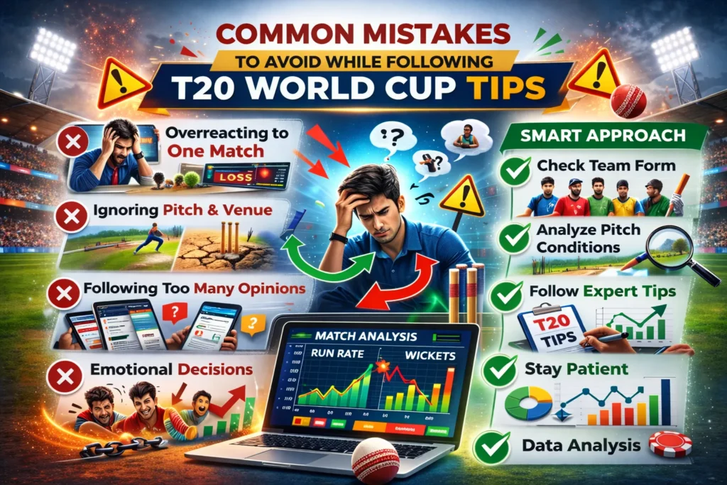 Infographic showing common mistakes in T20 World Cup Tips including emotional decisions, ignoring pitch conditions and following too many opinions