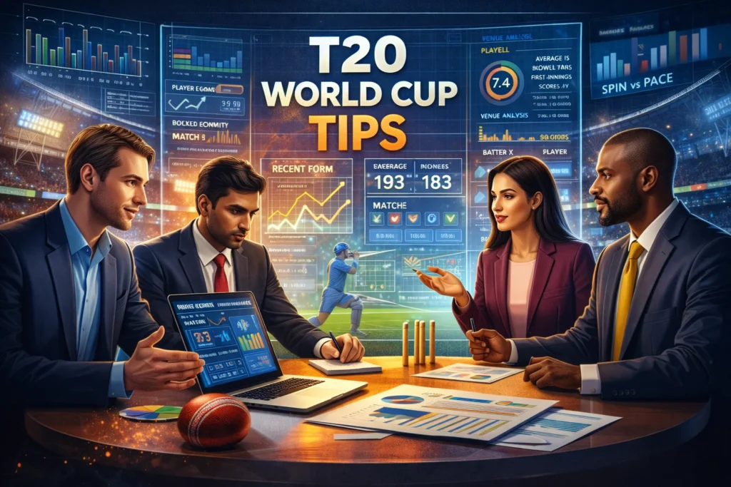 Cricket analysts reviewing data dashboards and discussing T20 World Cup Tips strategy with live match insights and performance statistics