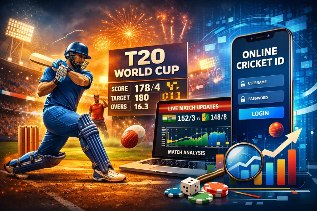T20 World Cup Tips online cricket ID illustration showing live cricket updates, match analysis dashboard and digital cricket strategy concept