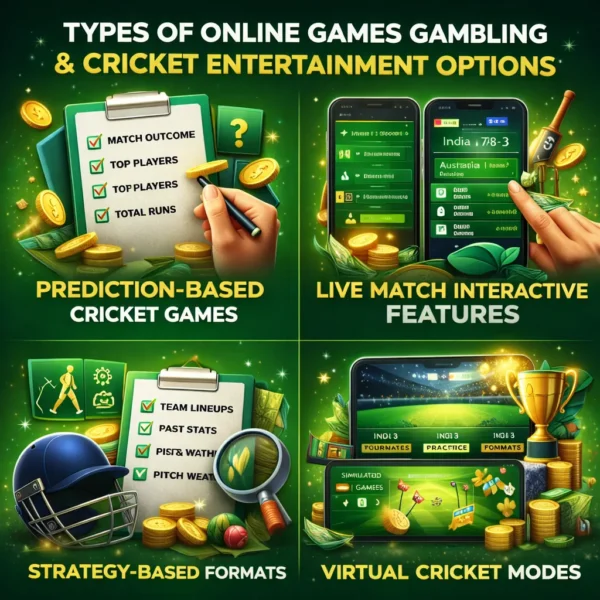 Prediction games, live match interaction, strategy formats and virtual cricket modes illustration