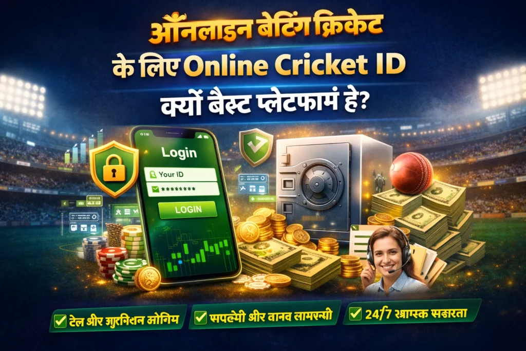 Digital graphic showing Online Cricket ID login screen, secure vault, customer support, and betting icons.