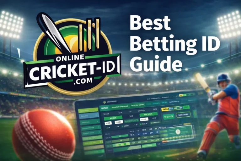 Best Betting ID guide showing online cricket ID platform with live sports betting dashboard and cricket stadium background.