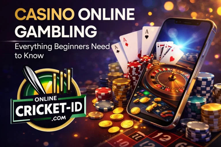 Casino online gambling introduction banner with Online Cricket ID logo, mobile casino games, chips, and cards.