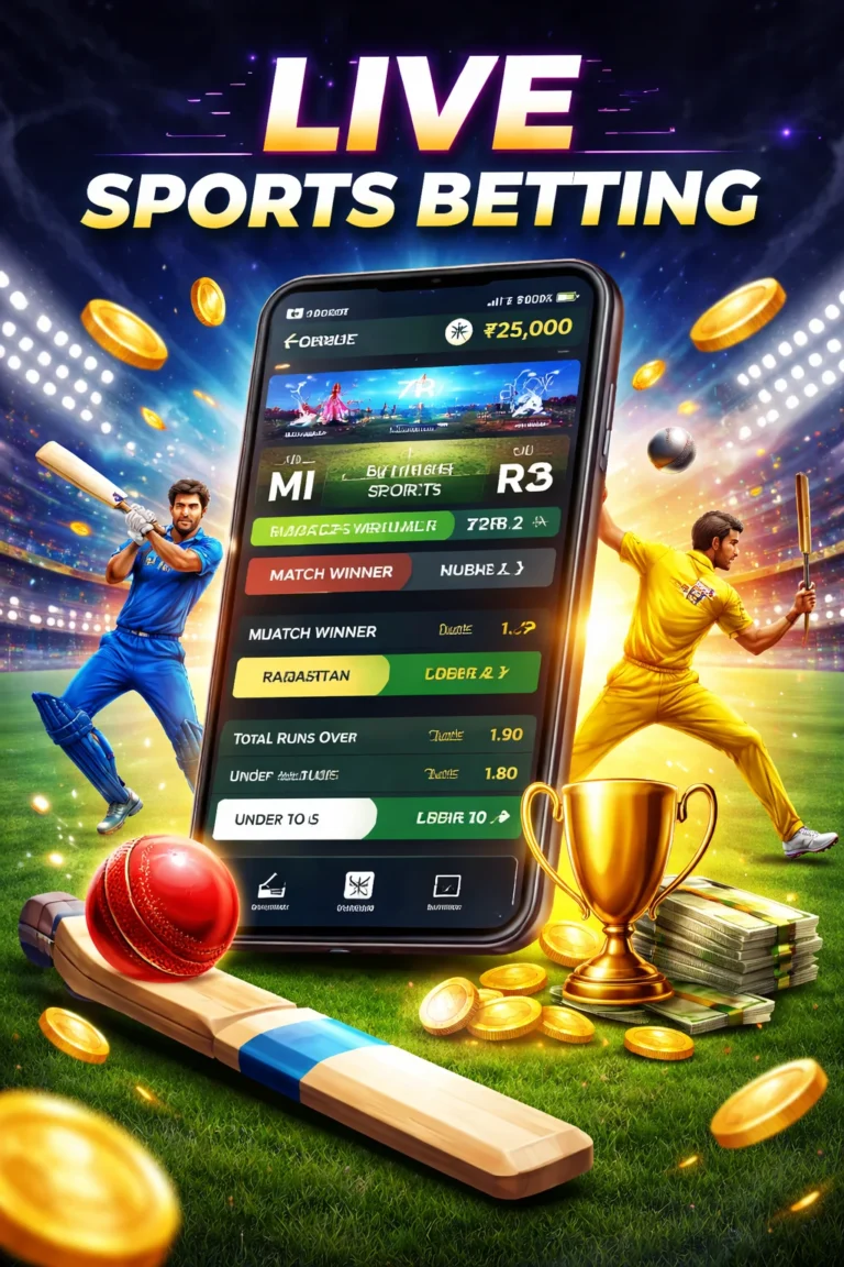 Illustration of live sports betting on a mobile cricket platform showing real-time odds, cricket players, coins, and Sport Betting ID dashboard.