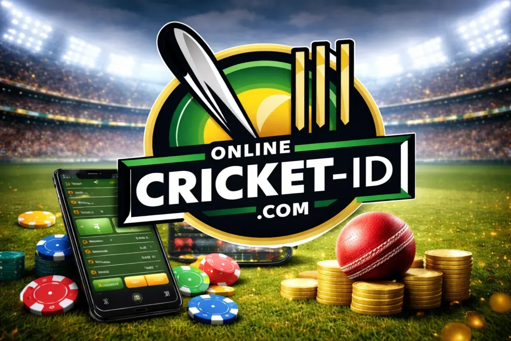 Online Cricket ID logo with smartphone and betting interface representing features of a secure online betting platform.