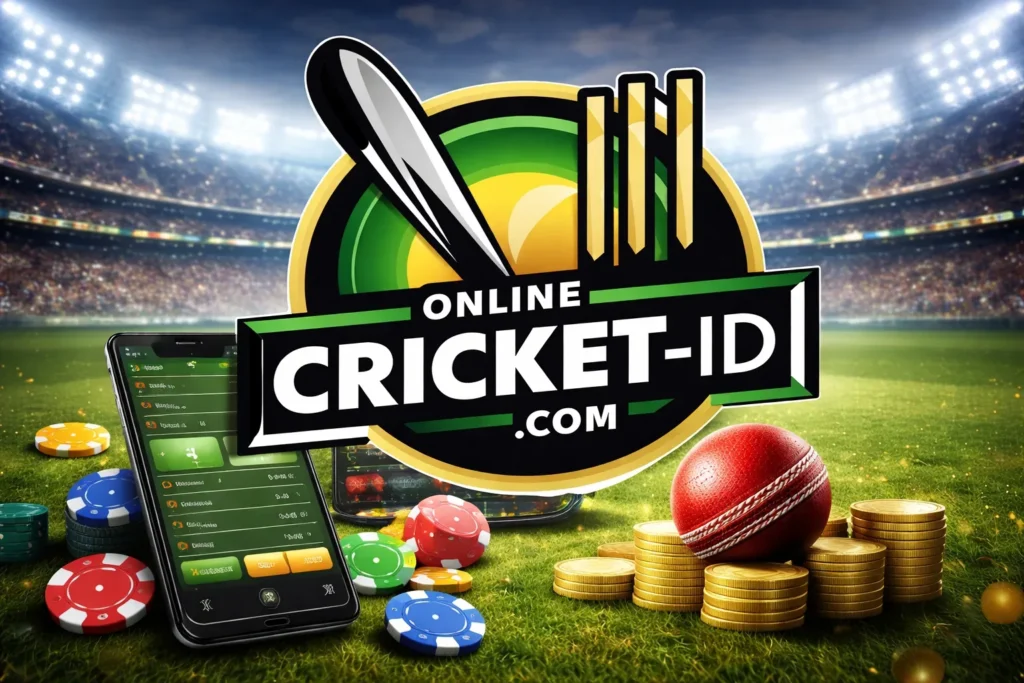 Online Cricket ID logo displayed inside a cricket stadium representing a trusted online betting platform for live sports betting.