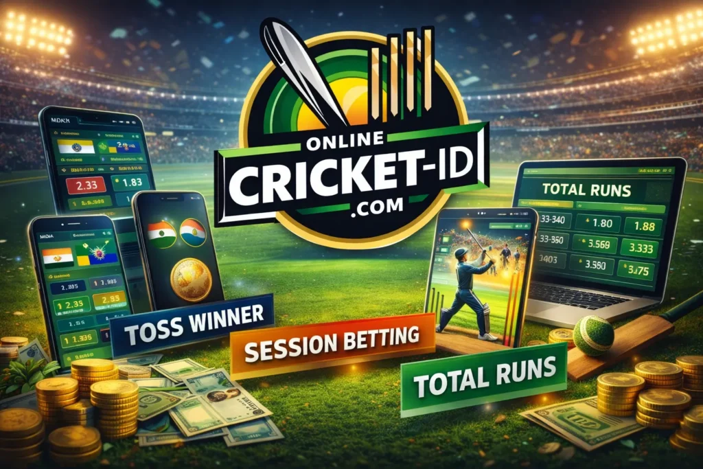 Online Cricket ID platform displaying cricket betting markets like match winner toss winner session betting and total runs