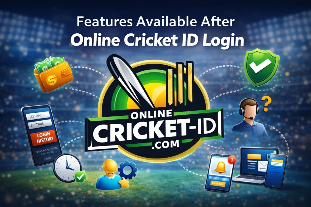 Features available after Online Cricket ID Login including dashboard, wallet, notifications and support