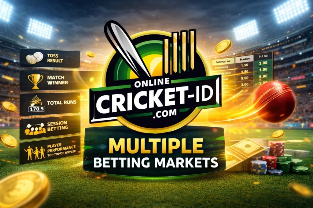 Online Cricket ID platform showing multiple betting markets like toss result, match winner, and session betting