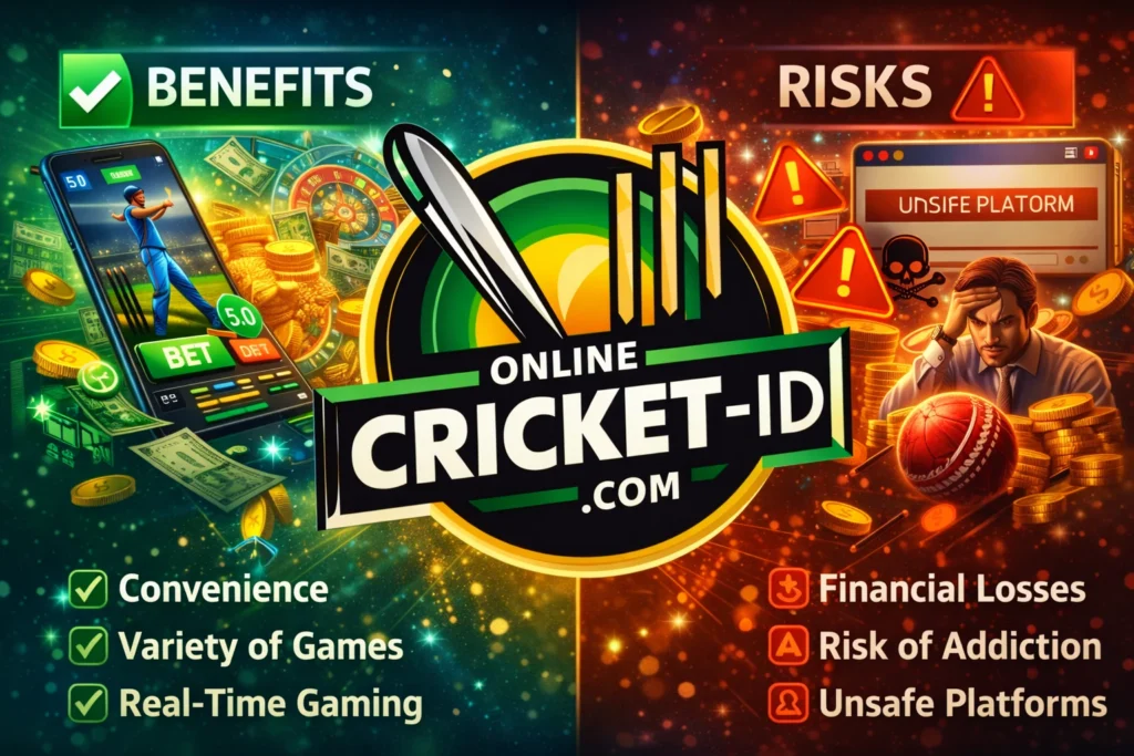 Benefits and risks of Online Games Gambling explained with Online Cricket ID platform illustration