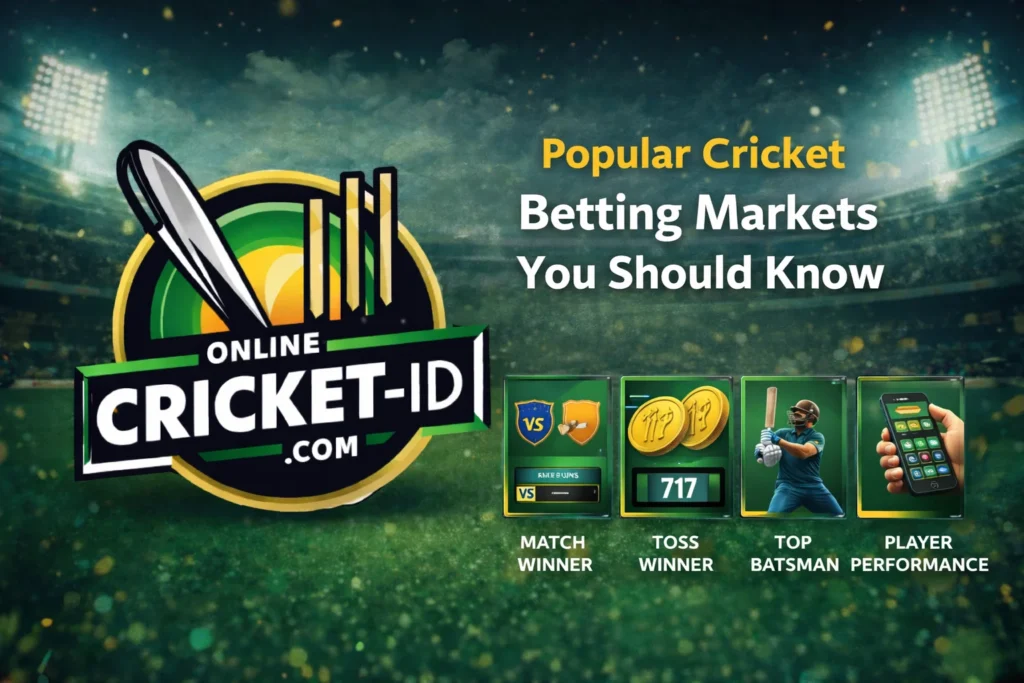 Popular cricket betting markets including match winner toss winner and player performance on sports betting book