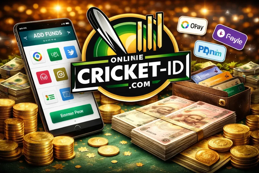 Popular table games online with Online Cricket ID logo, cards, chips, and gaming setup