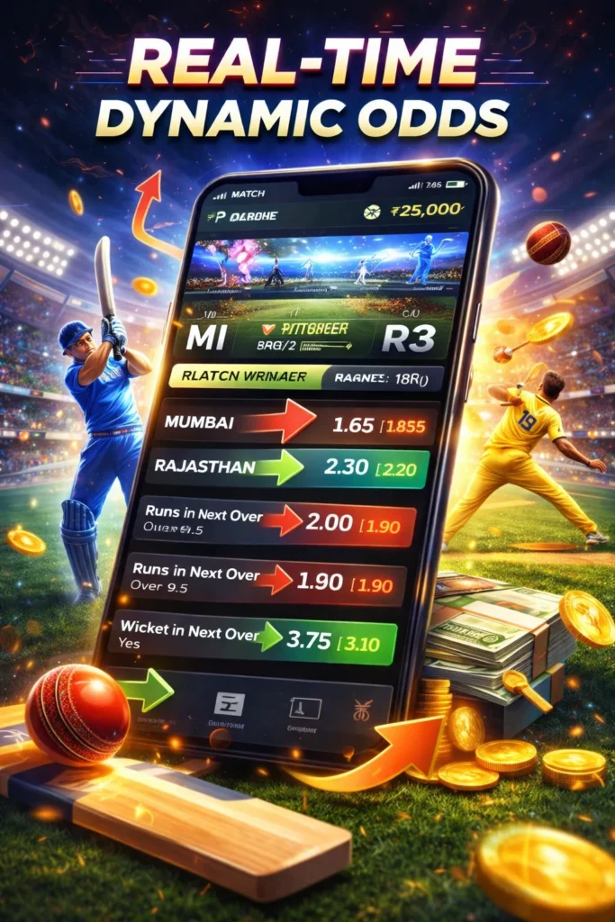 Mobile screen showing real-time dynamic odds in live sports betting during a cricket match with fluctuating betting markets.