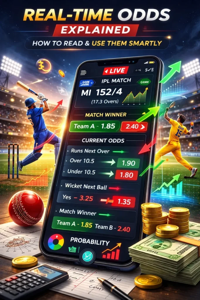 Cricket live sports betting screen explaining real-time odds, probability charts, and match winner markets.
