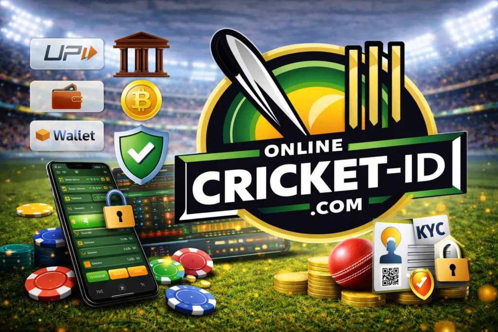 Online Cricket ID logo with payment icons and security symbols representing safe transactions on an online betting platform.