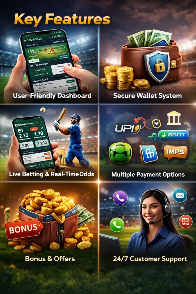 Sport Betting ID dashboard showing live cricket betting, secure wallet system, real-time odds and multiple payment options