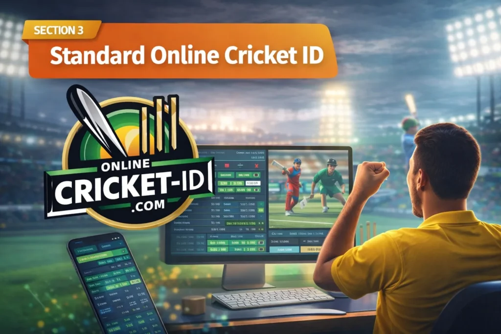 Standard Online Cricket ID platform showing a user accessing a Best Betting ID dashboard for live sports betting.