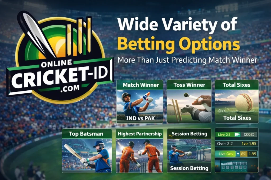 T20 betting ID platform showing multiple cricket betting options like match winner, toss winner, total sixes and session betting