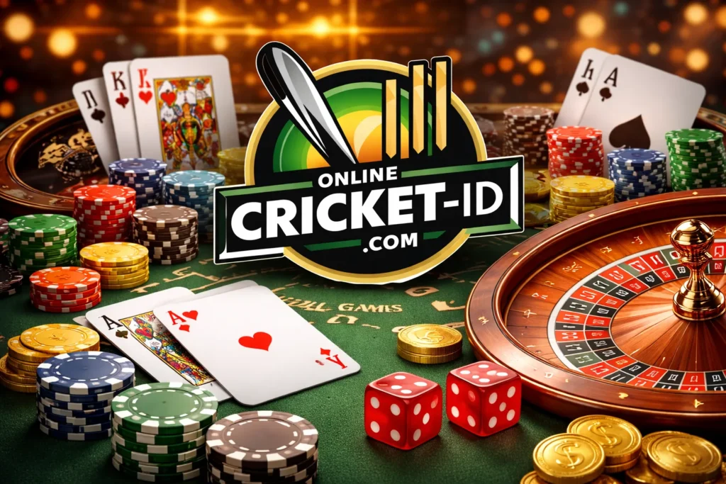 Table games online introduction with Online Cricket ID logo, casino chips, cards, and roulette
