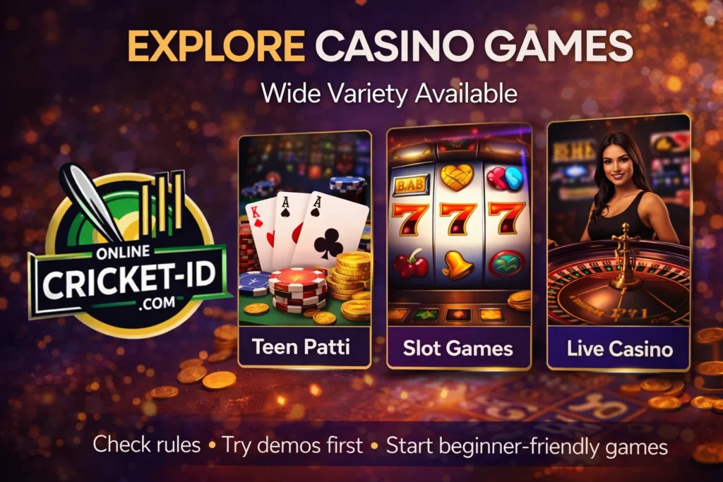 Top casino online gambling games like Teen Patti, slot games, and live casino on Online Cricket ID.