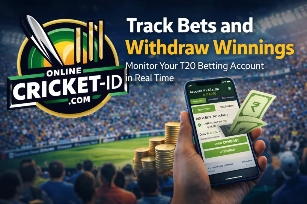 Smartphone displaying T20 betting ID account balance and live cricket betting dashboard