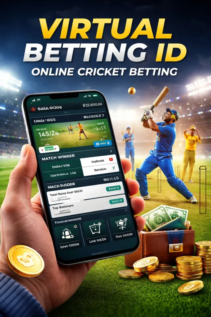 Virtual Betting ID displayed on smartphone with live cricket betting interface and online sports betting dashboard
