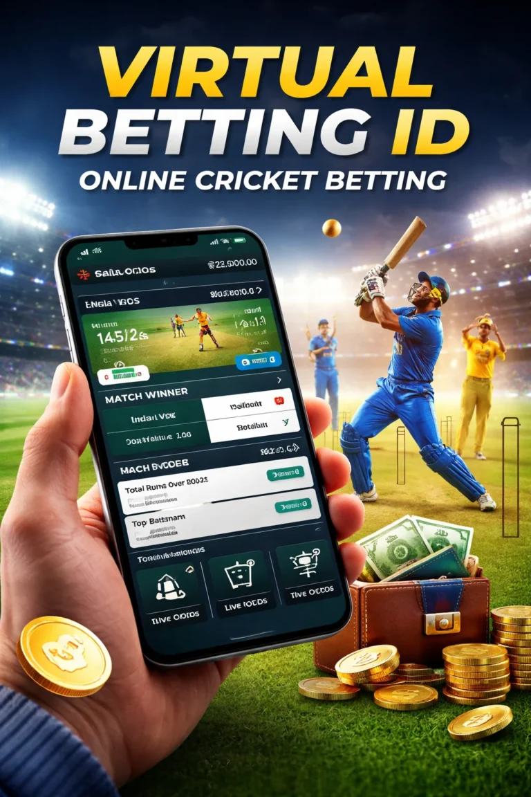 Virtual Betting ID displayed on smartphone with live cricket betting interface and online sports betting dashboard